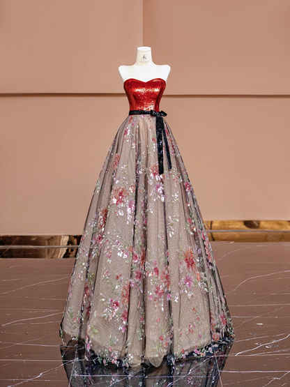 Red strapless fitted bodice with black lace floral print long ball gown R8401