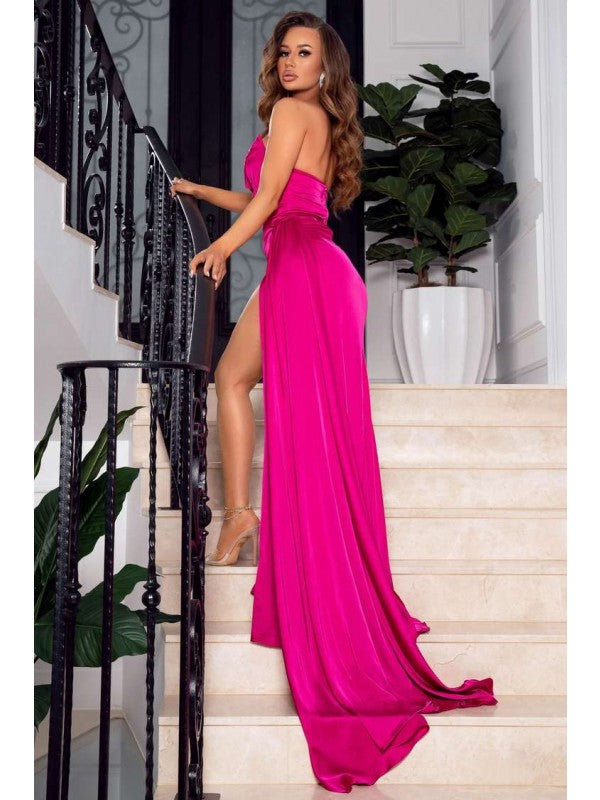 Sheath/Column Woven Satin Ruched Sweetheart Sleeveless Sweep/Brush Train Dresses