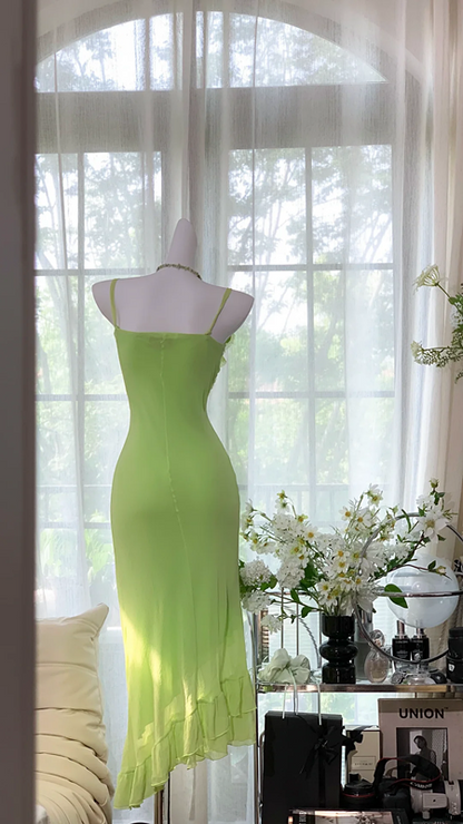 Light green halter-neck fitted long ball gown R7650