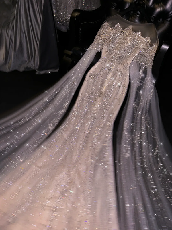 Light apricot rhinestone round neck fitted waist long ball gown/bridal dress R8742