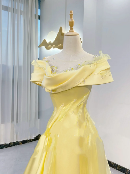 Light Yellow Asymmetric Neckline Waist-Cinched Fitted Long Evening Dress, Fairy Gown, Romantic Gown gh7390