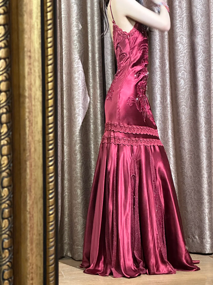 Purple-red halter-neck fitted satin long gown, elegant ball gown R8059