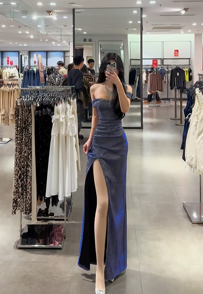 Deep blue off-the-shoulder waist-cinching slim-fit slit long sexy prom dress R7922