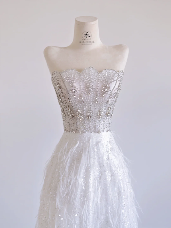Silver strapless rhinestone-embellished fitted bodice with white A-line skirt, long ball gown/bridal dress R8286