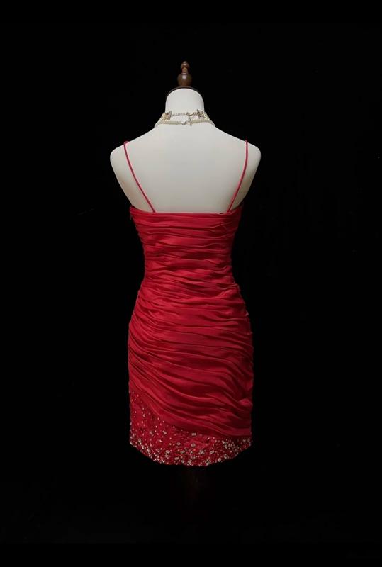 Red suspenders slim waist pleated hip skirt homecoming dress R5226