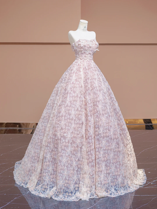 Light pink strapless, fitted waist, full skirt, long ball gown, bridal dress R8343