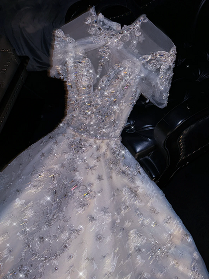 Silver sequined round neck fitted waist long ball gown/bridal dress R8772