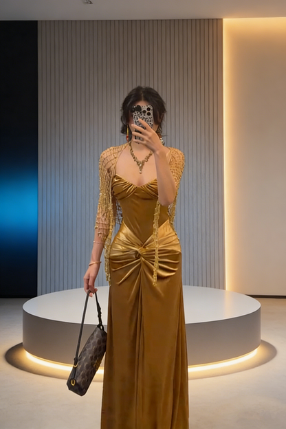 Gold, fitted, bodycon, sexy, long, elegant ball gown R8041