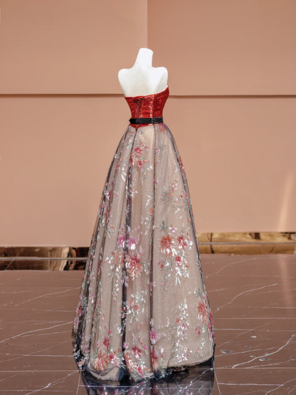 Red strapless fitted bodice with black lace floral print long ball gown R8401