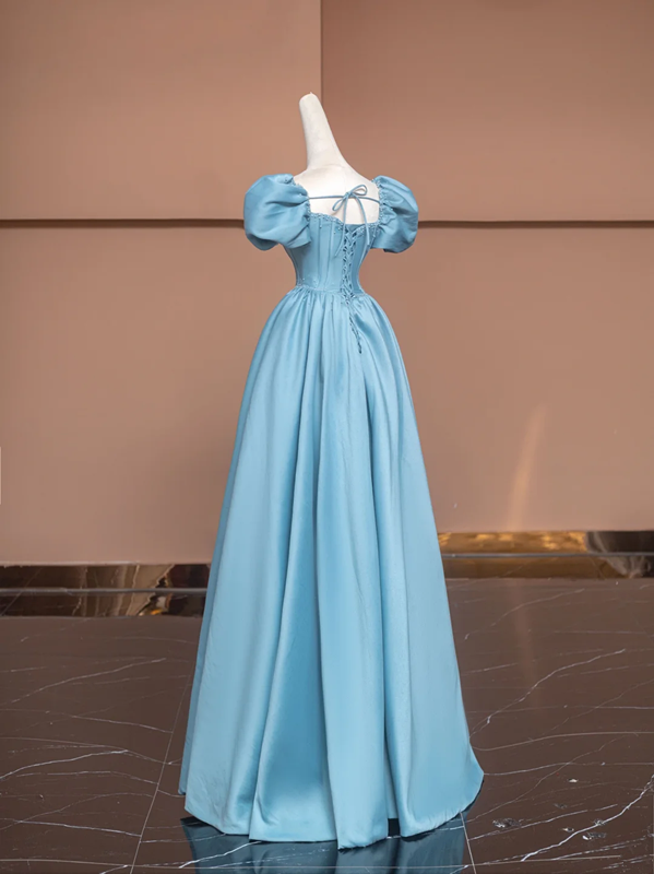 Blue puff-sleeved, fitted, long, elegant ball gown R8491