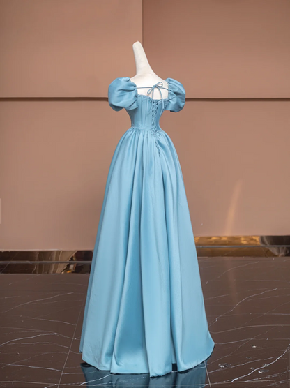 Blue puff-sleeved, fitted, long, elegant ball gown R8491