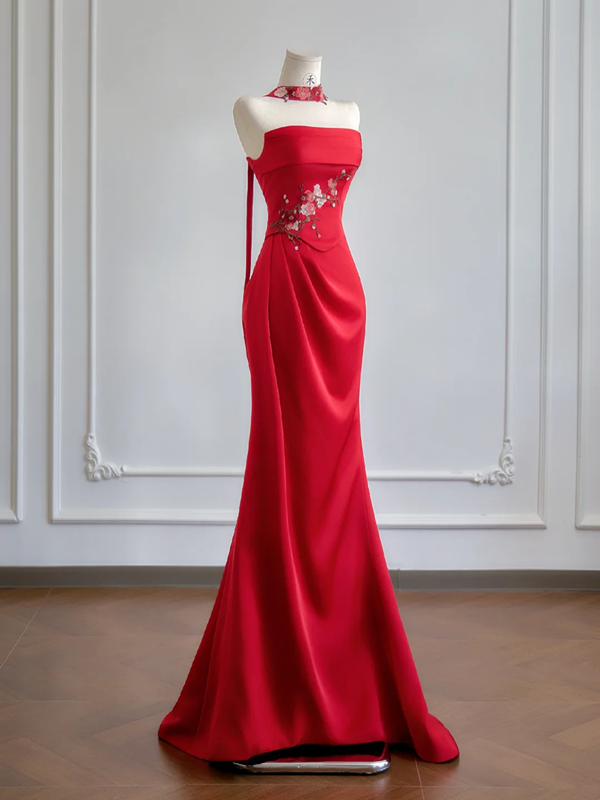 Red strapless, fitted waist, elegant long ball gown R8170