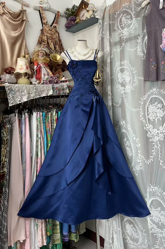 Navy Blue Spaghetti Strap Waist-Cinched Slim-Fit A-Line Skirt Ball Gown R7414