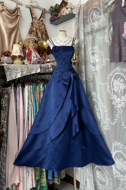 Navy Blue Spaghetti Strap Waist-Cinched Slim-Fit A-Line Skirt Ball Gown R7414