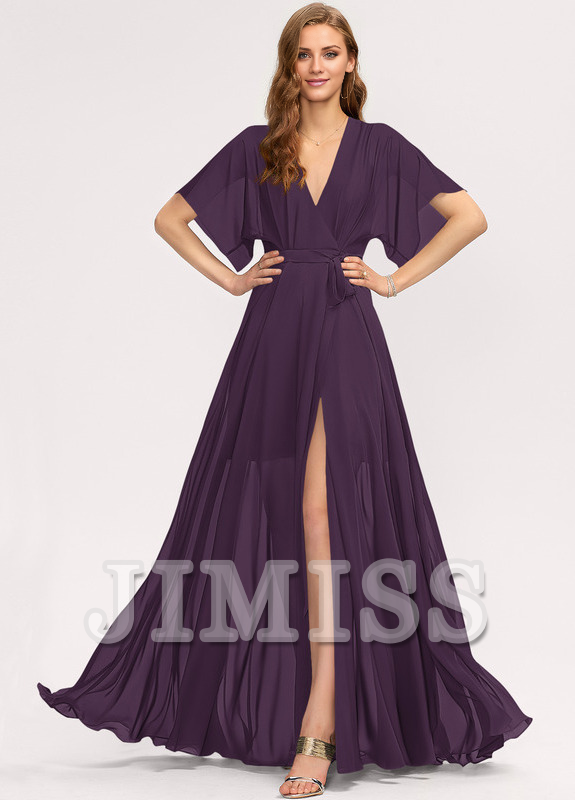 A-line V-neck floor-length chiffon bridesmaid dress