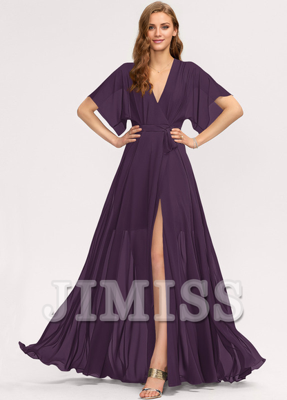 A-line V-neck floor-length chiffon bridesmaid dress