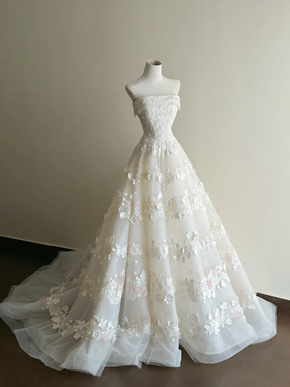 White strapless, waist-cinched, full-skirted long prom dress R7962