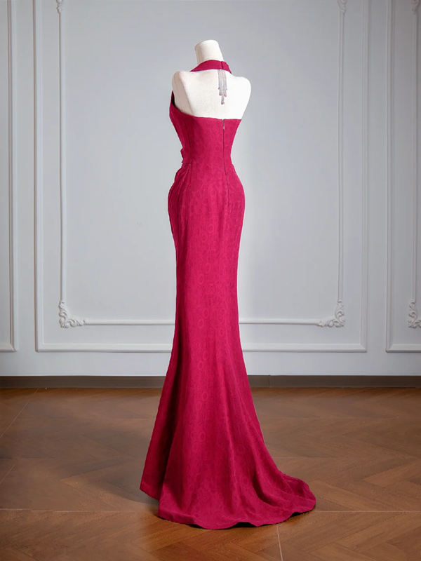 Rose pink halter neck fitted waist slimming sexy long ball gown R8149