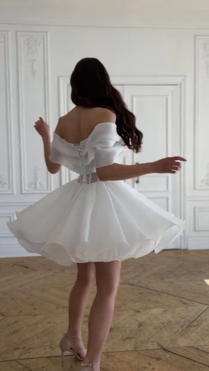 White one-shoulder gentle sexy waist slim short skirt homecoming dress R5585