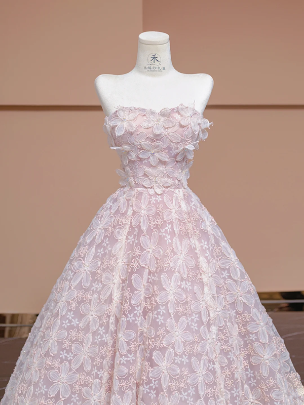 Light pink strapless, fitted waist, full skirt, long ball gown, bridal dress R8343
