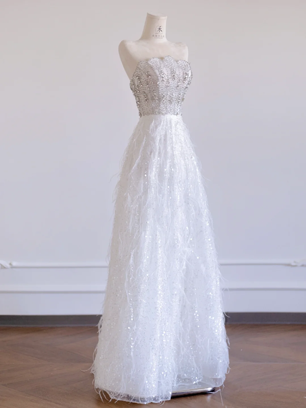 Silver strapless rhinestone-embellished fitted bodice with white A-line skirt, long ball gown/bridal dress R8286
