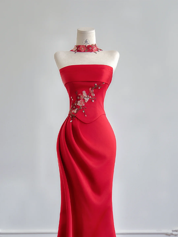 Red strapless, fitted waist, elegant long ball gown R8170
