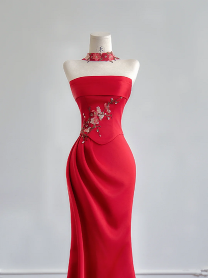 Red strapless, fitted waist, elegant long ball gown R8170