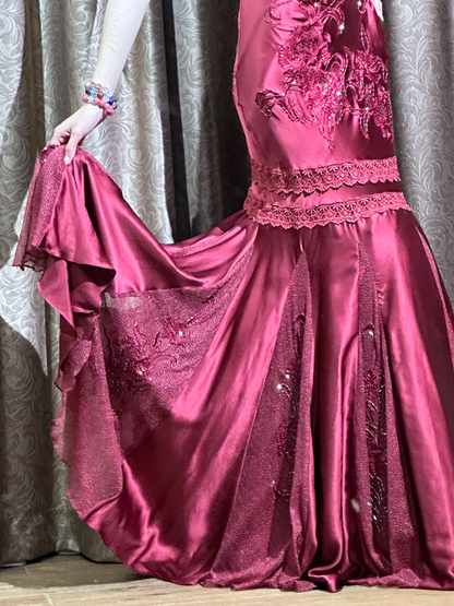 Purple-red halter-neck fitted satin long gown, elegant ball gown R8059