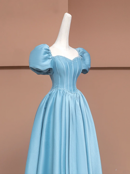 Blue puff-sleeved, fitted, long, elegant ball gown R8491