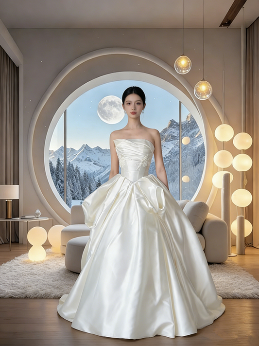 White strapless, fitted waist, long ball gown with a full skirt, suitable for both balls and wedding dresses R8028