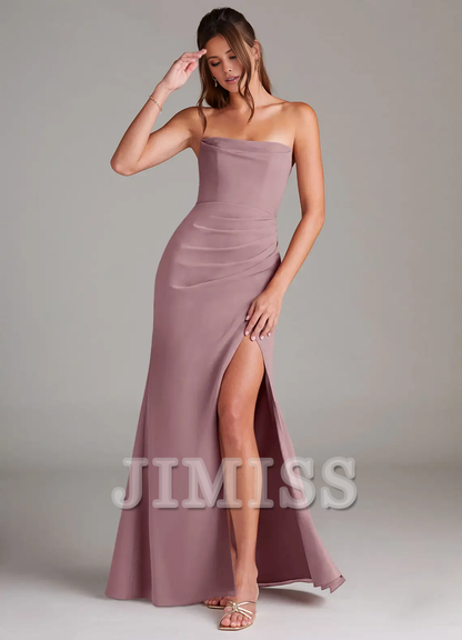 Strapless off shoulder side slit backless and floor length bridesmaid dress - Dress