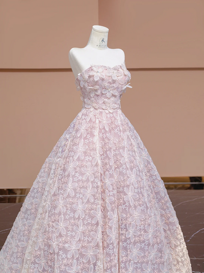 Light pink strapless, fitted waist, full skirt, long ball gown, bridal dress R8343