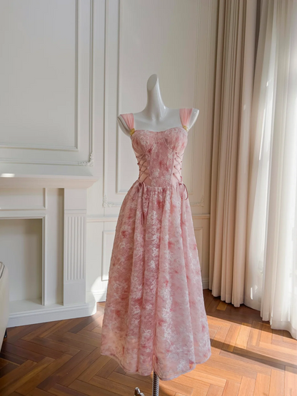 Pink floral halter waist slim fit long skirt homecoming dress R5186