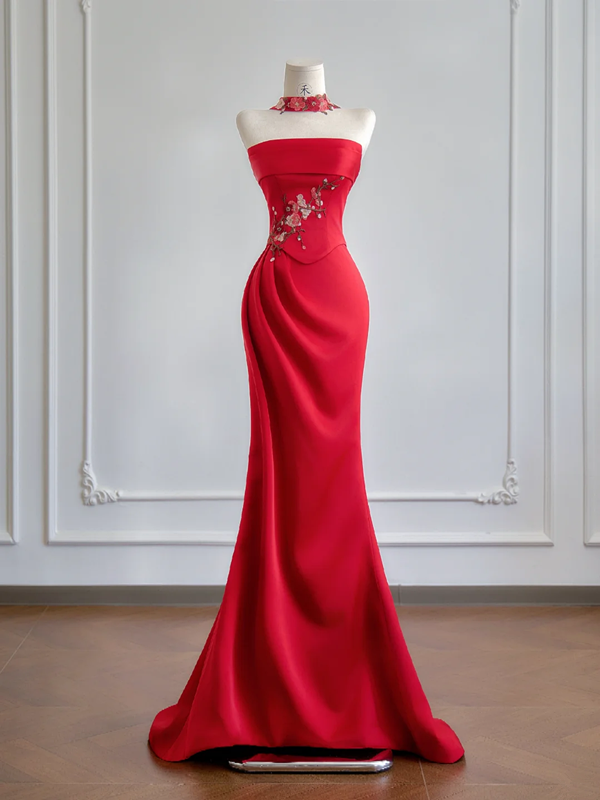 Red strapless, fitted waist, elegant long ball gown R8170