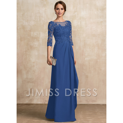 A-shaped Scoop Illusion floor mopping chiffon lace ribbon bead sequins layered ruffles mother of the bride dress