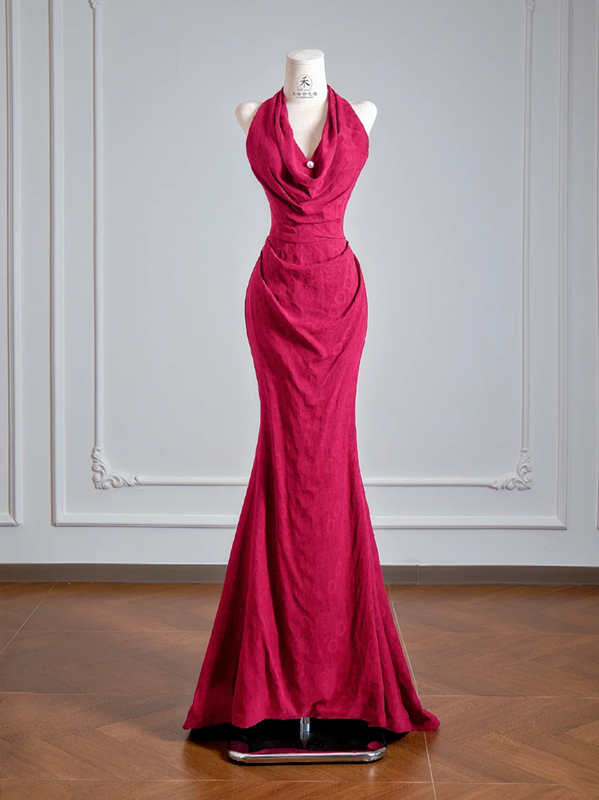 Rose pink halter neck fitted waist slimming sexy long ball gown R8149