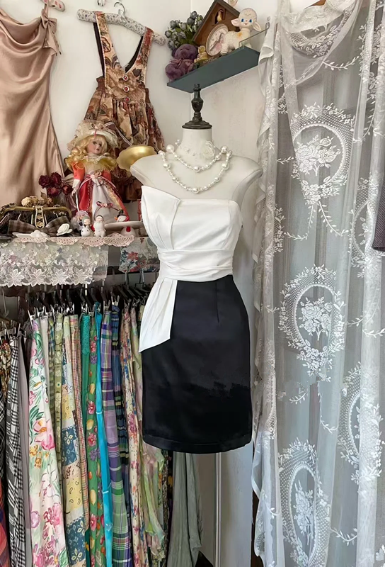 White strapless top and black pencil skirt, prom dress R7454