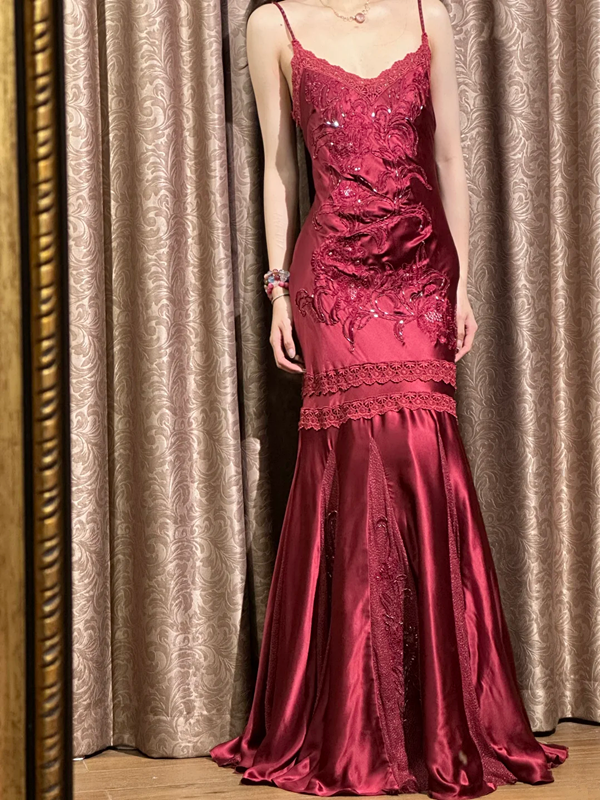 Purple-red halter-neck fitted satin long gown, elegant ball gown R8059