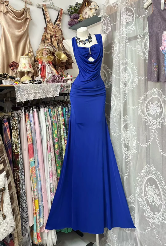 Blue tank top halter neckline fitted bodycon fishtail long ball gown R7568