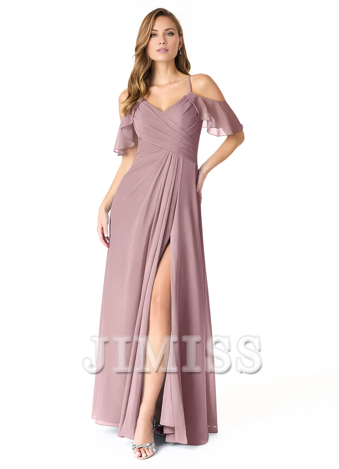 A-line V-neck pleated chiffon side slit and floor length bridesmaid dress - Dress