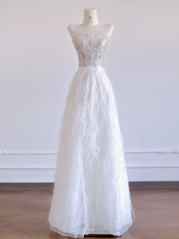 Silver strapless rhinestone-embellished fitted bodice with white A-line skirt, long ball gown/bridal dress R8286