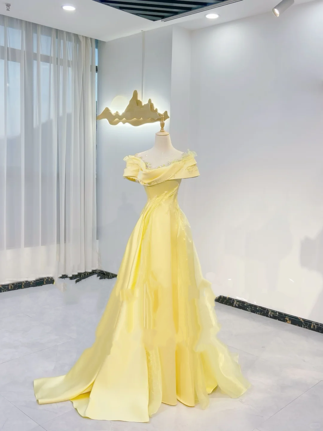 Light Yellow Asymmetric Neckline Waist-Cinched Fitted Long Evening Dress, Fairy Gown, Romantic Gown gh7390