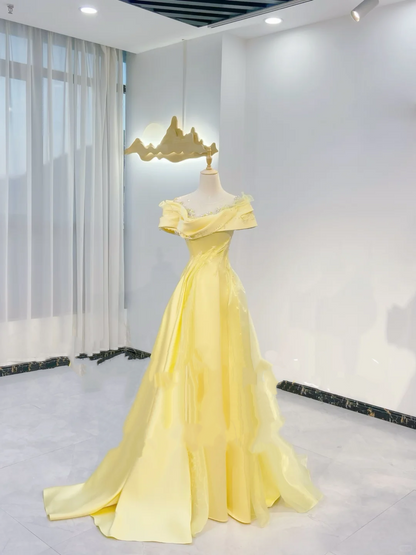 Light Yellow Asymmetric Neckline Waist-Cinched Fitted Long Evening Dress, Fairy Gown, Romantic Gown gh7390