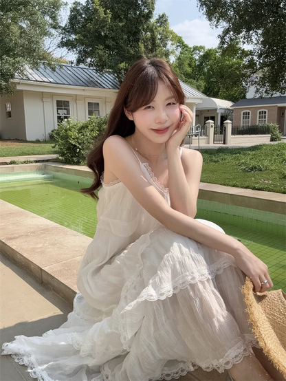 Simple Fashion White V-neck Design Lace A-line Spaghetti Strap Tiered Dress TP3345