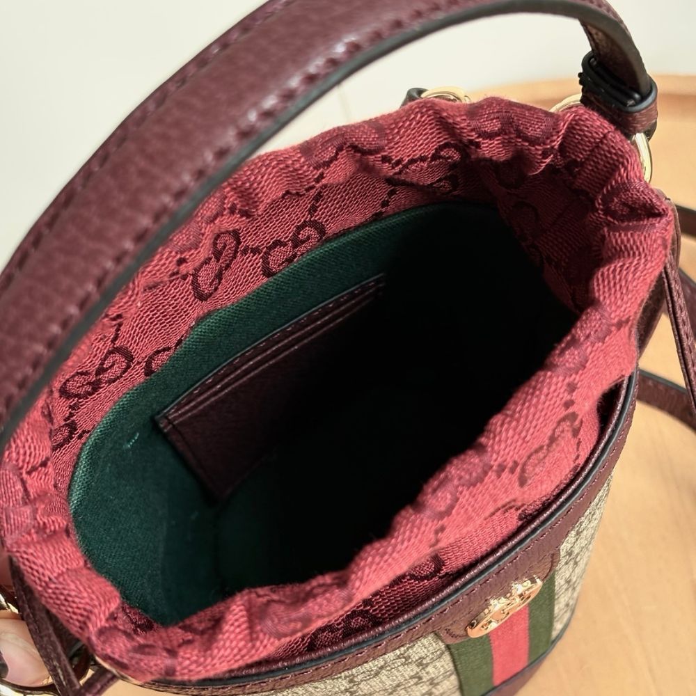 Gucci Ophidia Mini Bucket Bag Beige And Dark Red 20Cm