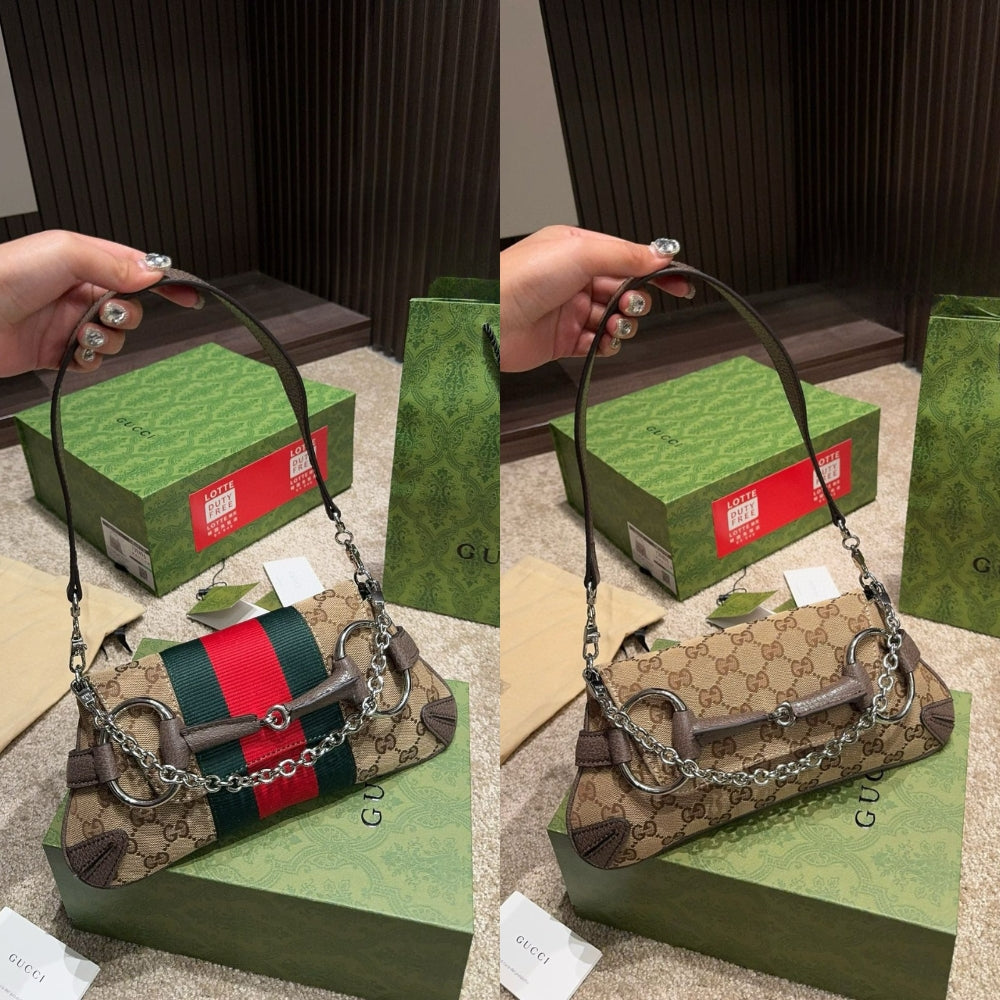 Gucci Horsebit Chain Small Shoulder Bag Beige 27Cm