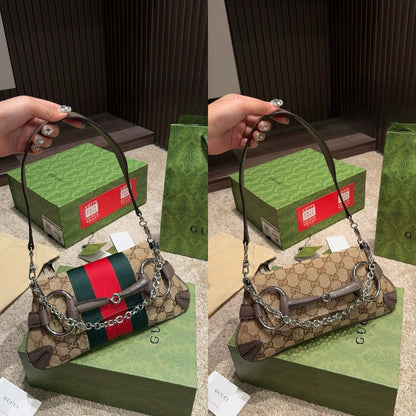 Gucci Horsebit Chain Small Shoulder Bag Beige 27Cm