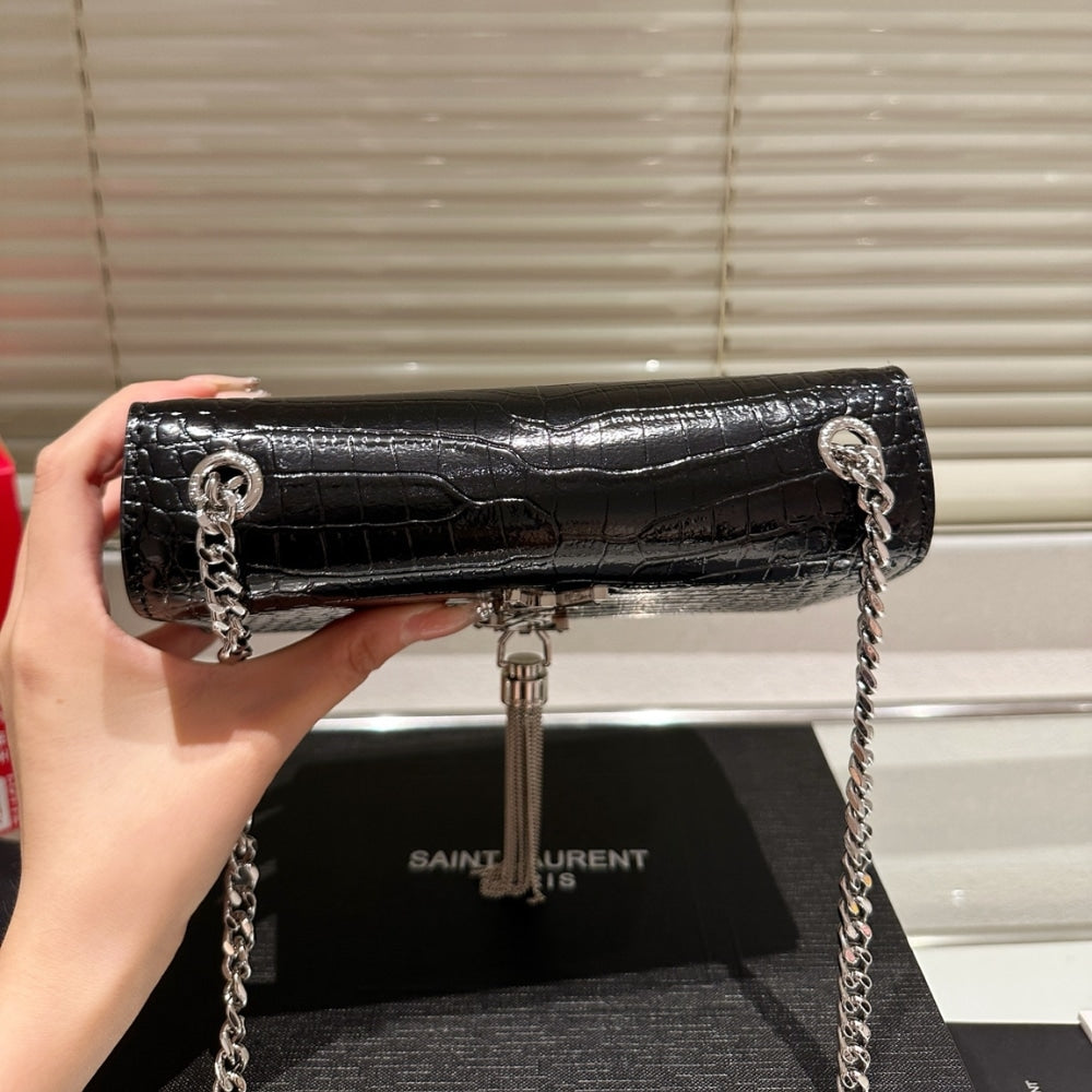 Saint Laurent Kate Tassel Silver Hardware Black 19Cm
