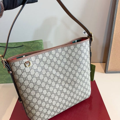 Gucci GG Emblem Medium Bucket Bag Beige And Dark Brown Fabric 29Cm 815103 FAD6L 9758