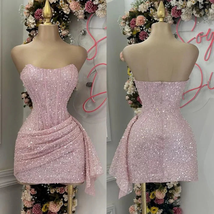Cute Pink Shiny Sequin Strapless Bodycon Short Party Dress Cocktail Dress Homecoming Dress TP4369